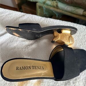Ramon Tenza Black Mules with Gold Fish Heel